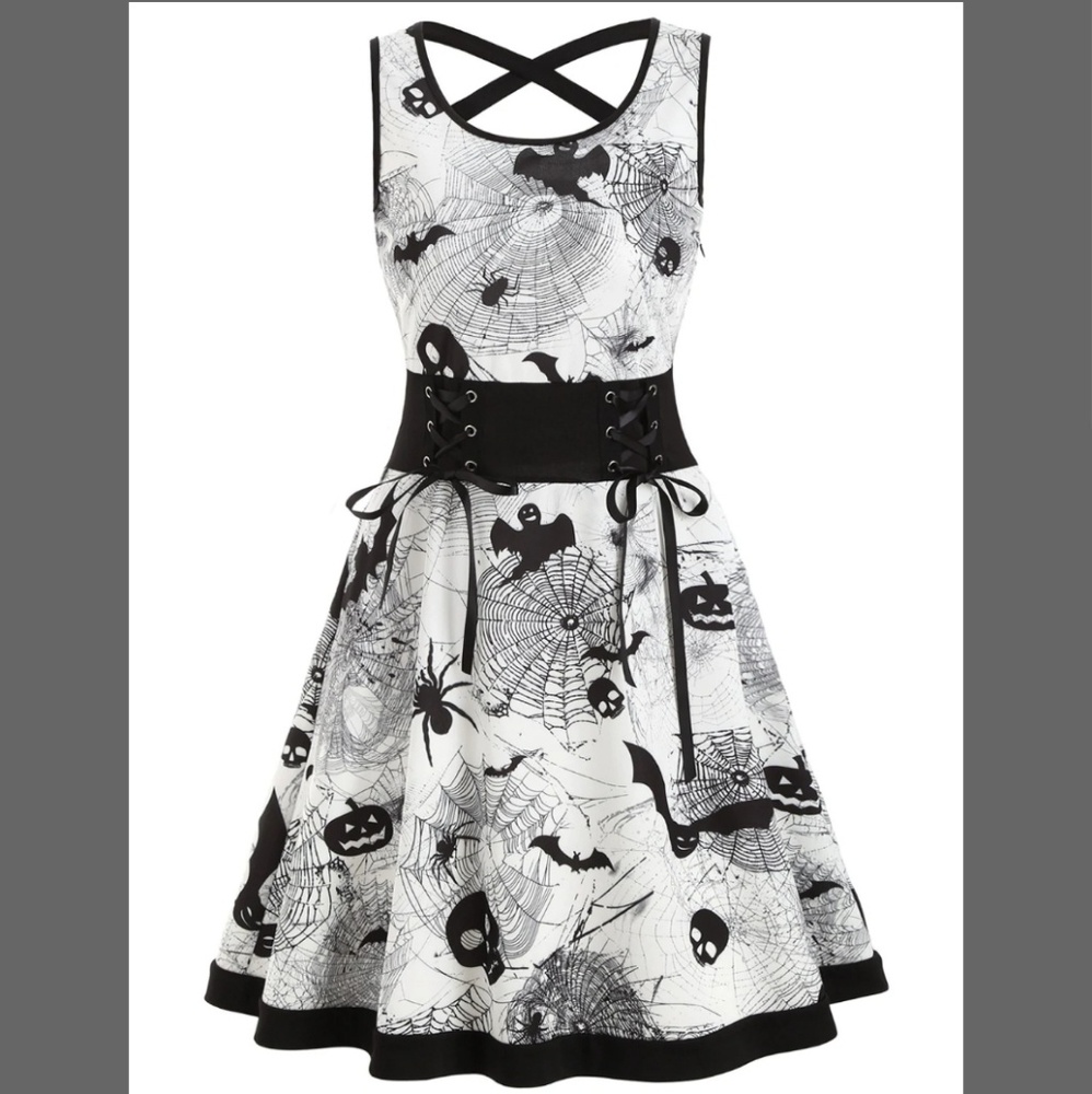Black and White Halloween Spiderweb Print Dress
